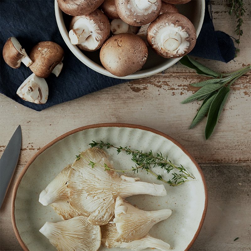 Herbes, champignons, œufs &amp; produits laitiers